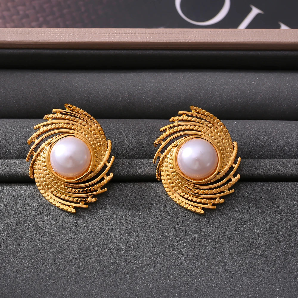 Dynamic Earrings For Women Roated Pearl Luxury Stainless Steel Vintage Gold Plated Waterproof Ear Stud Charm Jewelry Gift