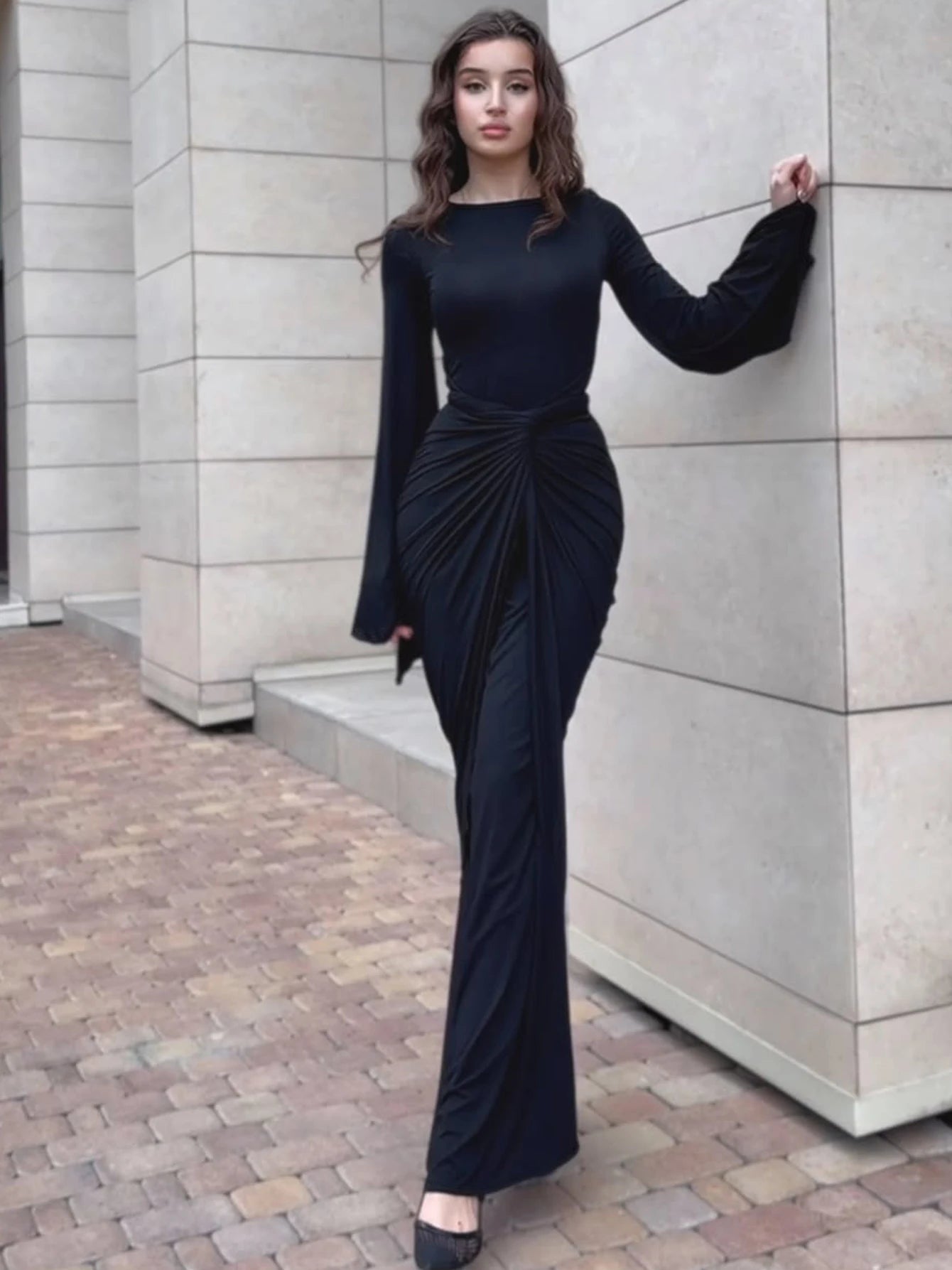 Dulzura Autumn Fashion Elegant O-Neck Long Flare Sleeve Ruched Slim Fit Ribbon Long Dress Women'S Solid Casual Party Club Outfit