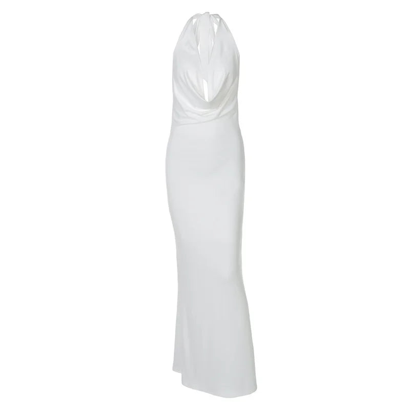 Mozision Deep V-neck Lace-up Sexy Maxi Dress For Women Elegant Off-shoulder Sleeveless Halter Fashion Backless Club Party Dress