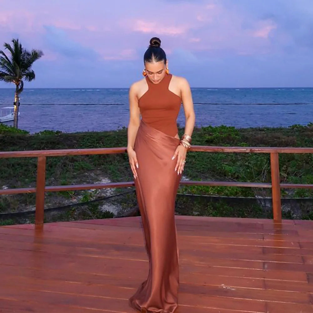 Mozision Women Sexy Party Club Evening Bodycon Sleeveless Long Dress Backless Soild Color Elegant Summer Dress