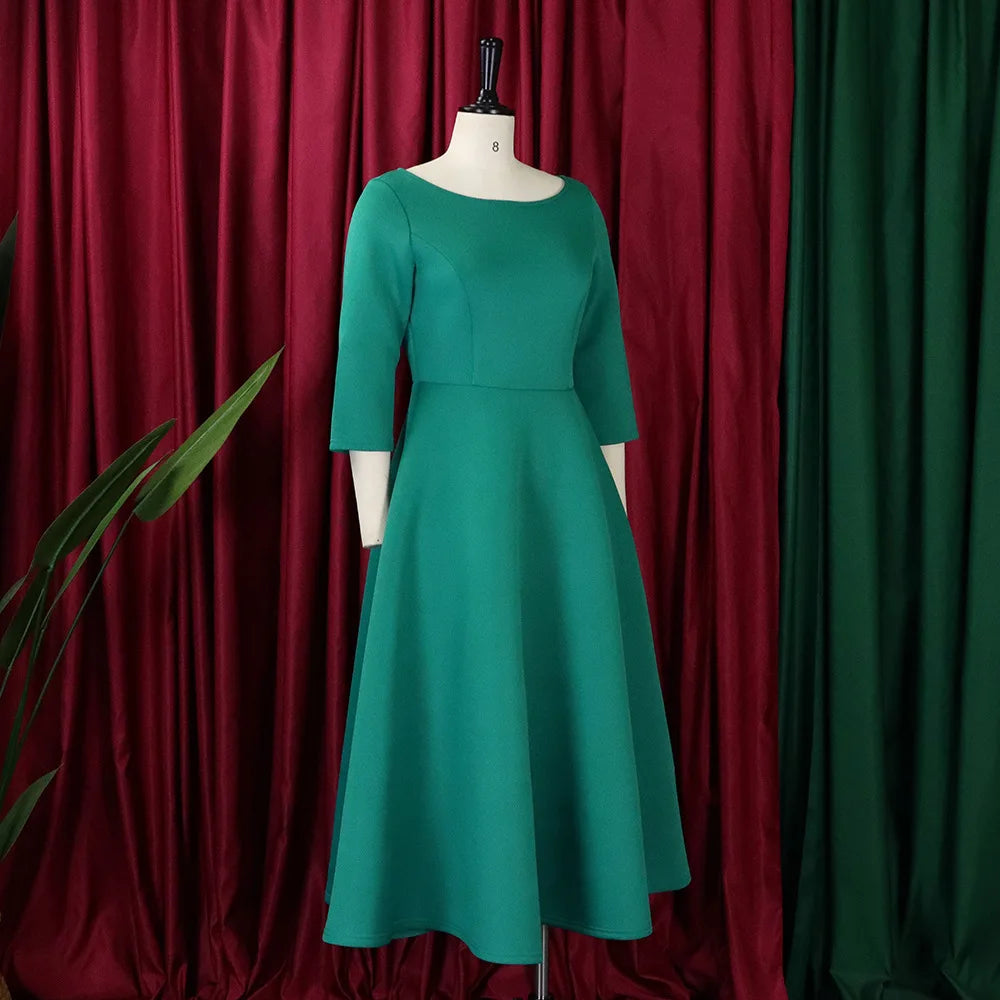 Elegant Party Dress for Woman 2024 Modern O Neck Three Quarter Sleeve High Waisted A Line Mid Calf Birthday Dinner Wedding Cloth