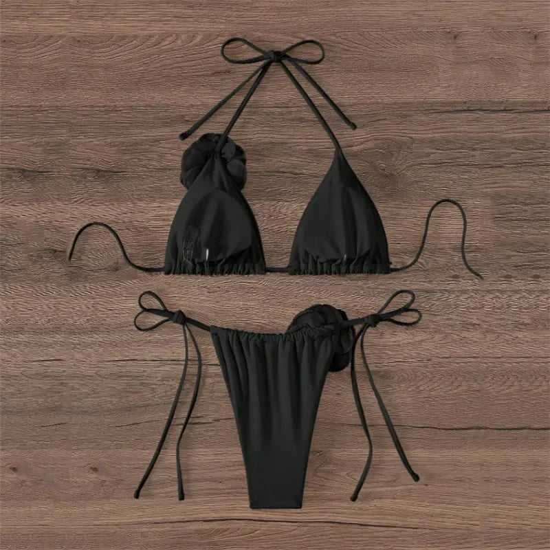 Sexy 3D Flower Black Triangle Bikinis Sets Micro Thong Swimsuit Women String Halter Bathing Suit Bikini 2025 Mujer Biquinis Swim