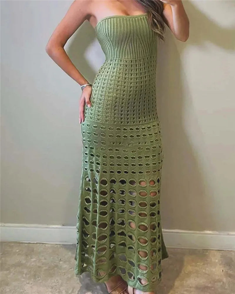 Mozision Strapless Off-shoulder Hollow Out Knit Maxi Dress For Women Gown Fashion Sleeveless Backless Beach Skinny Long Dress
