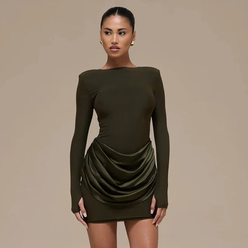 Mozision Long Sleeve Ruched Sexy Mini Dress Women Gown Elegant Satin Patchwork O Neck High Waist Club Party Dresses Fashion