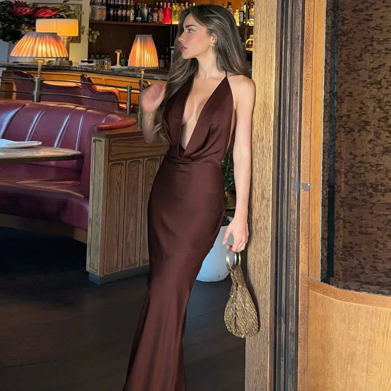 Talenza Sexy Deep V-Neck Long Dress Solid Fashion Ruched Lace Up Backless Slim Dress Elegant Vintage Luxury Party Evening Dress