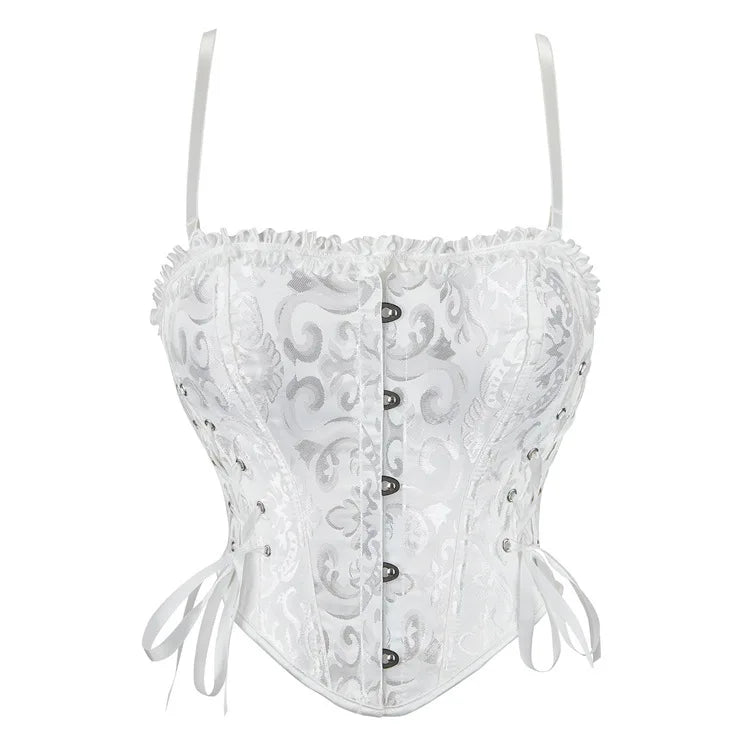 Spaghetti Straps Camisole Overbust Corset for Women Lace Up Bustier Jacquard Body Shaper Short Torso Corselet Vest Sleeveless