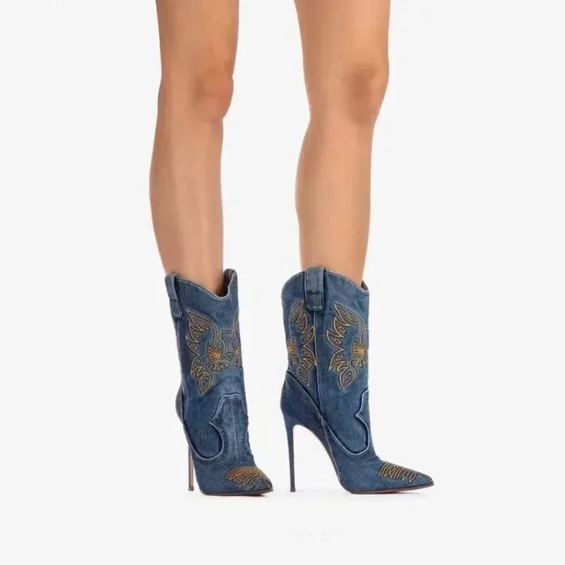 Women's Denim Western Cowboy Boots Pointed Toe Stiletto Heel, Sexy Embroidery Knight Runway Fashion Ankle Booties