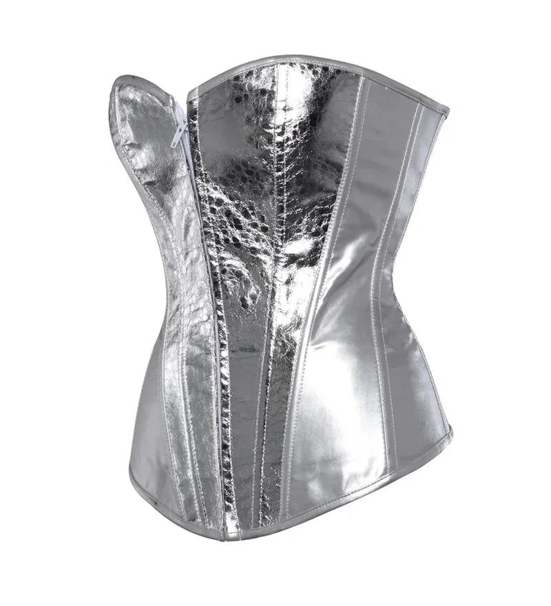 Women Silver Gold Vintage Style Overbust Corset Gothic Leather Steampunk Zip Nightclub Bustier Corselet Top Burlesque Lingerie