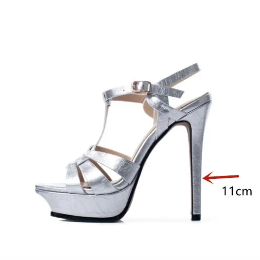 Women's Summer European and American Fashion Stiletto Waterproof Platform Leather Open Toe Round Head Buckle Sandals