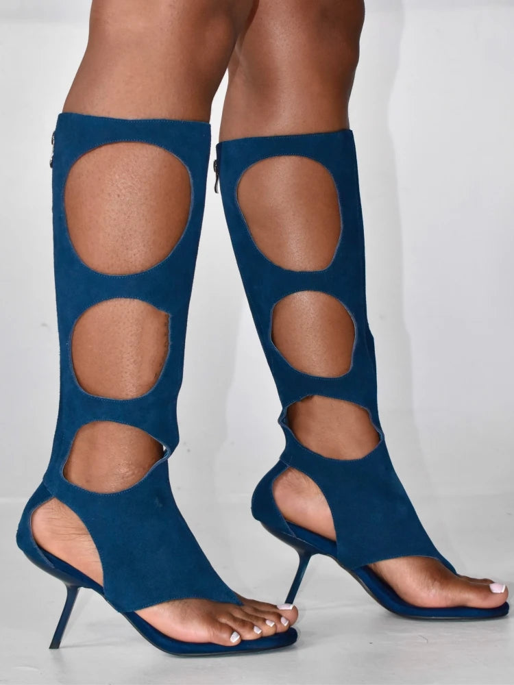 Luxury Cut-Out Knee-High Boots - Genuine Horsehair Leather Stiletto Heels with Rear Zipper | European Fashion Women's Shoes