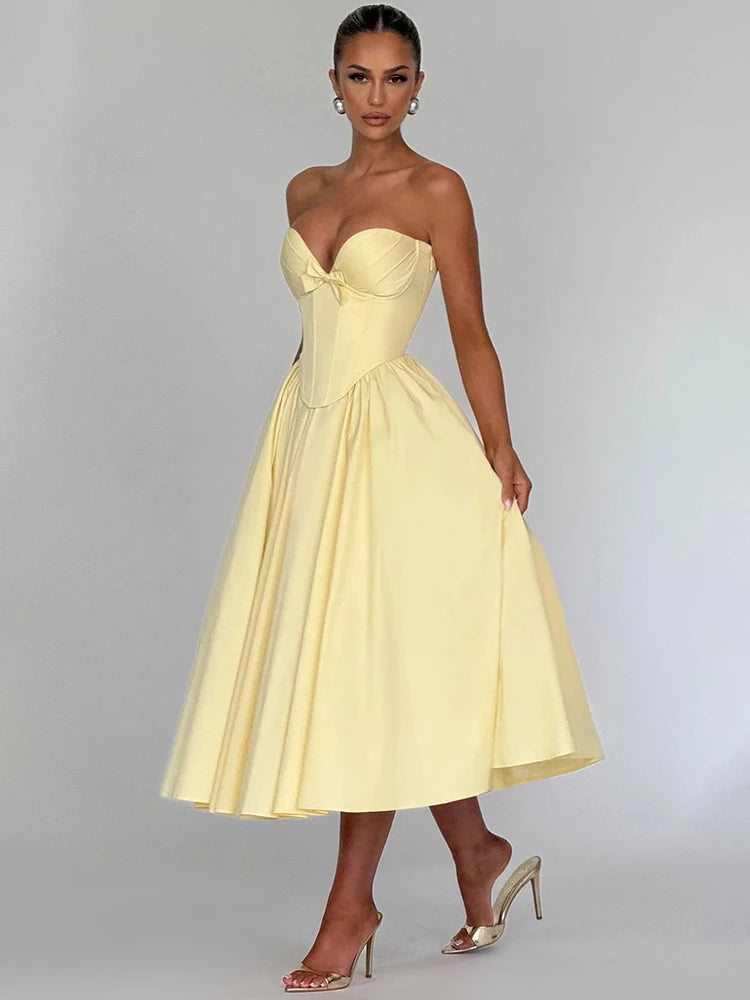 Mozision Off-shoulder Strapless Sexy Midi Dress Women Elegant Fashion Bow Sleeveless Backless High Waist A-line Club Party Dress