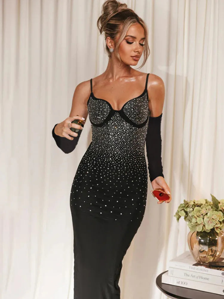 Mozision Glitter Spaghetti Strap Sexy Maxi Dress For Women Black Sparkle Off-shoulder Backless Bodycon Club Party Long Dress Wofashion.xyz