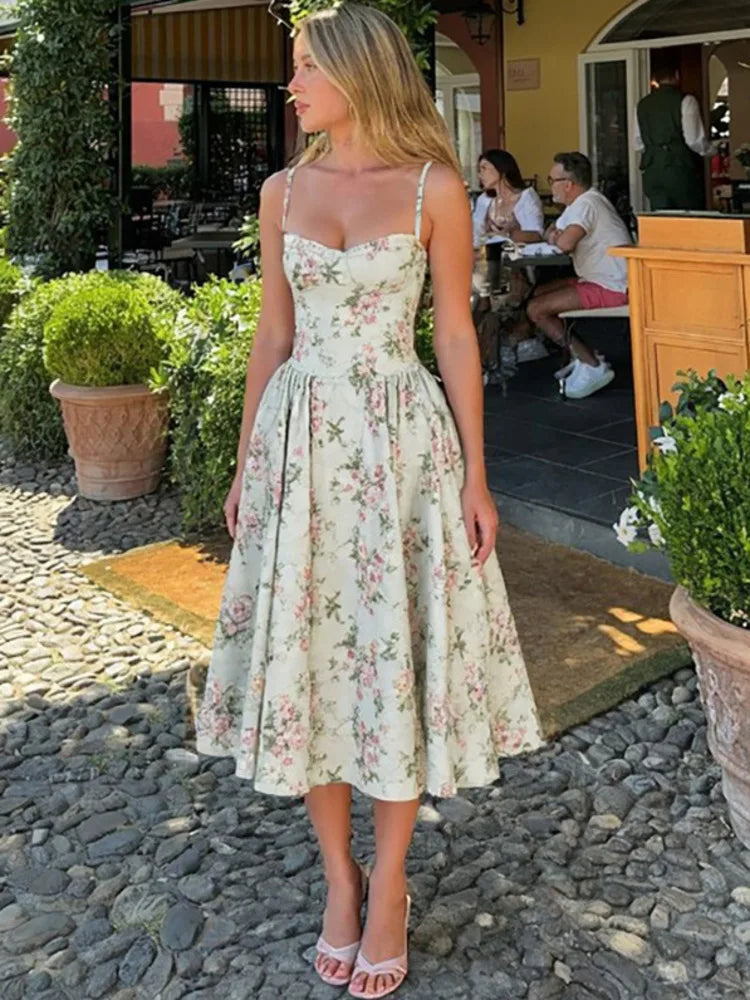 Mozision Spaghetti Strap Print Midi Dress Women Fashion Off-shoulder Sleeveless Backless A-line High Waist Pleated Long Dress