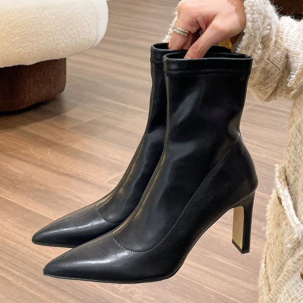 Women Boots Short High Heels Shoes for Women Autumn Winter Botas Mujer Ankle Boots Black Sock Women Heels Boots Female D220 Wofashion.xyz