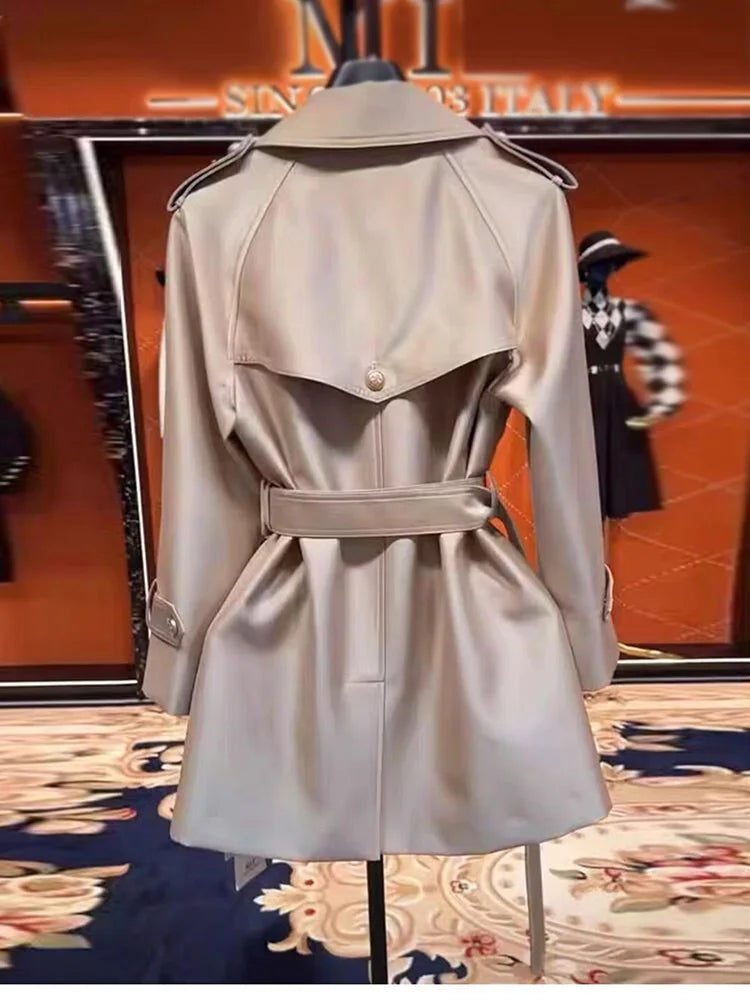 Lautaro Spring Autumn Khaki Satin Trench Coat for Women Belt Double Breasted Elegant High Quality Luxury Designer Clothing 2024