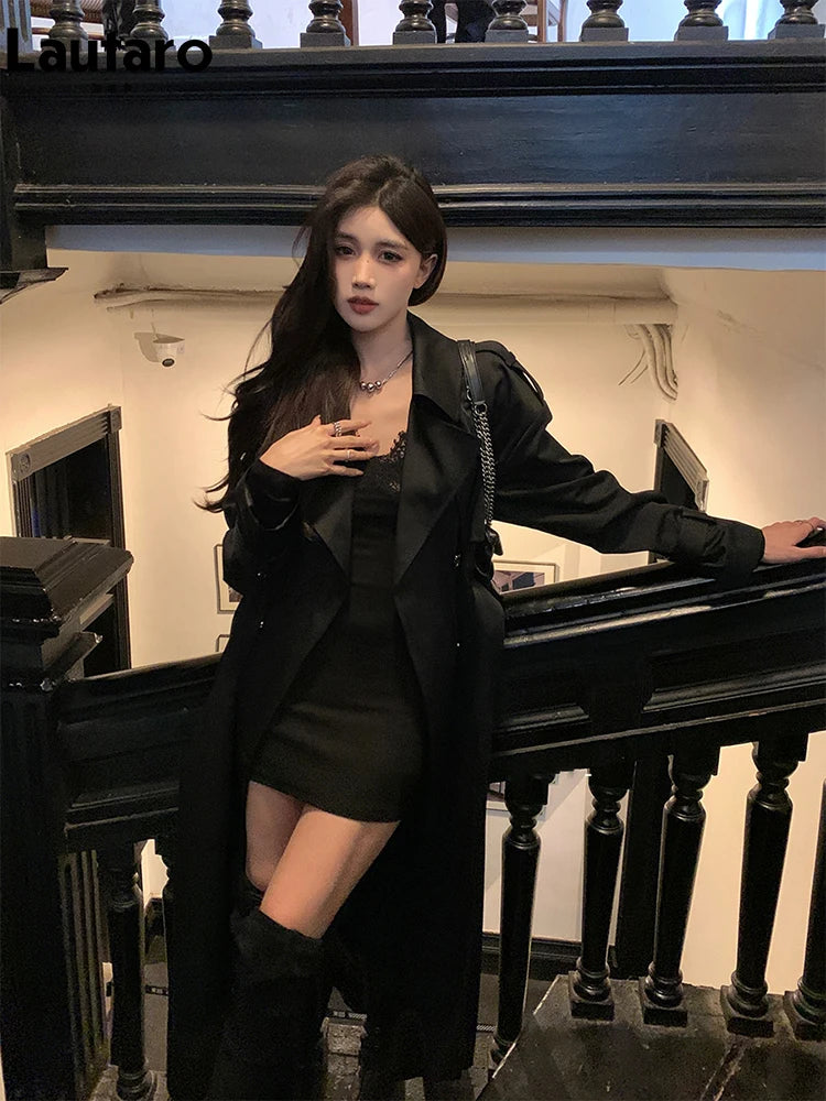 Lautaro Spring Autumn Long Black Hard Waterproof Trench Coat for Women Belt Double Breasted High Quality Luxury Overcoat 2024
