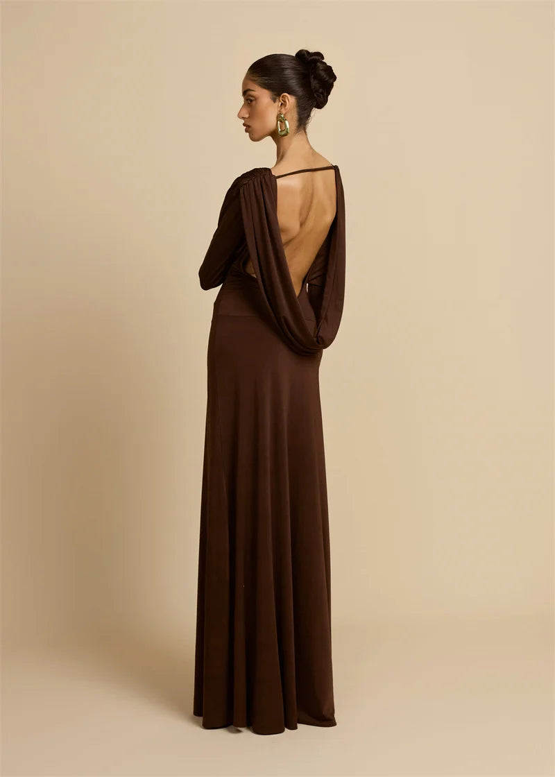 Mozision Elegant Deep V Neck  Backless Sexy Maxi Dress For Women Brown Long Sleeve High Waist Ruched Club Party Long Dresses