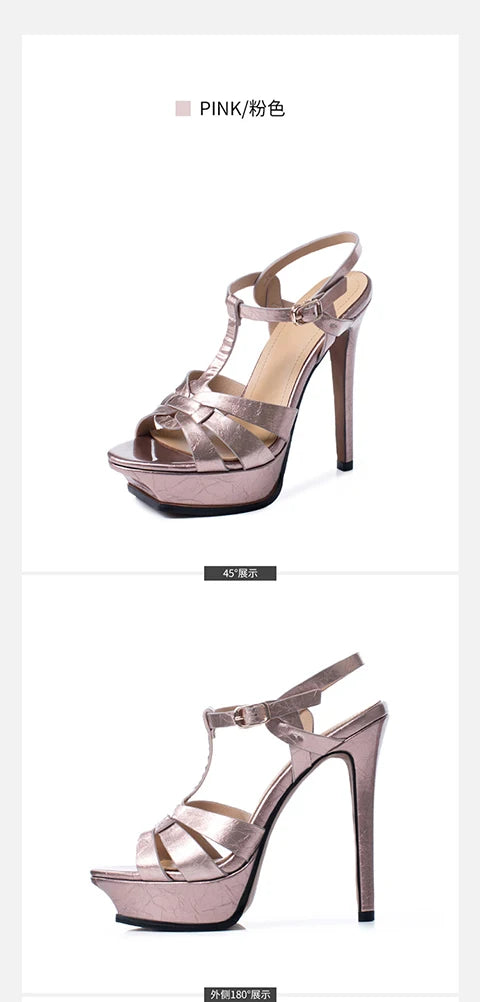 Women's Summer European and American Fashion Stiletto Waterproof Platform Leather Open Toe Round Head Buckle Sandals