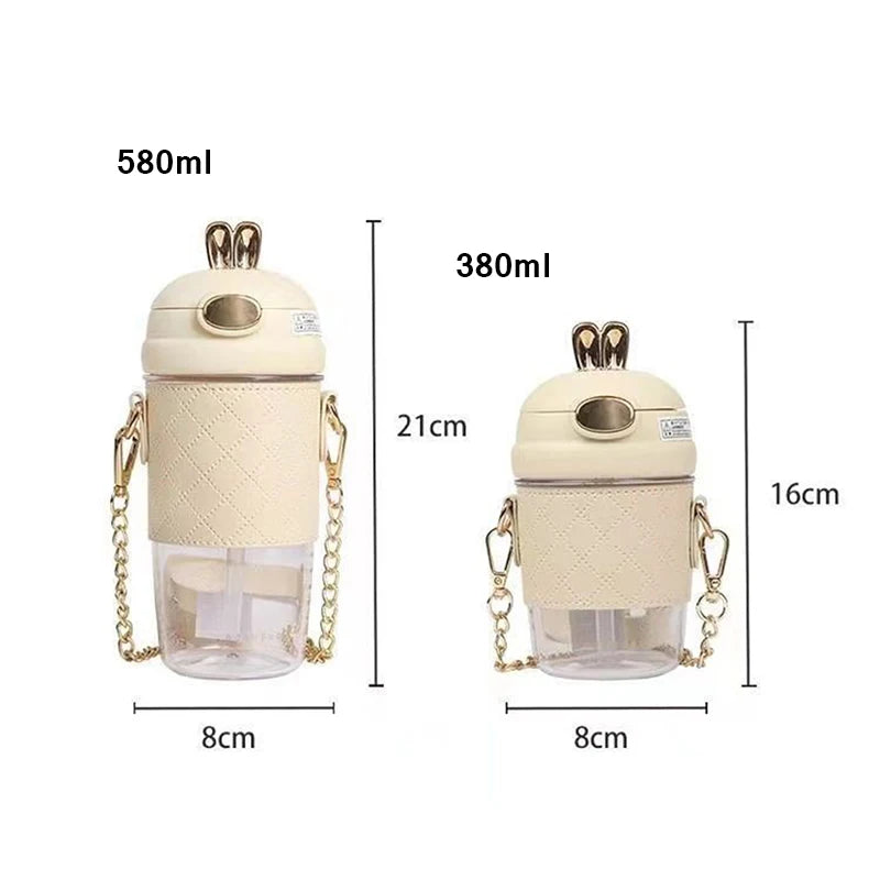 Ins Simple Fashion Plastic Water Bottle For Girls With Leather Sleeve And Strap Straw Adult Pregnant Women Portable Sippy Cups