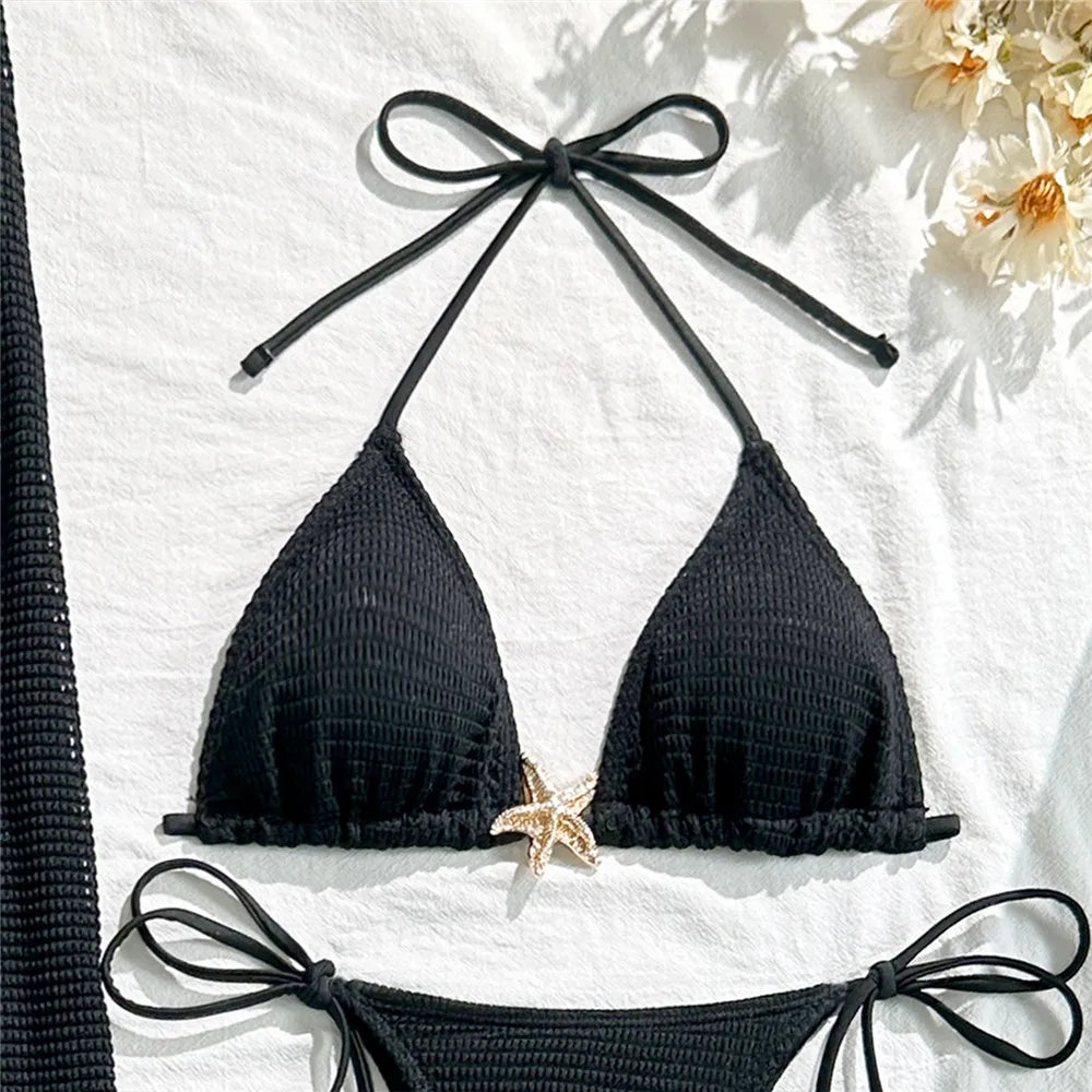 Holiday Starfish Solid Swimwears Halter String Triangle 3 Piece Bikini Set Cover Up Skirts Sexy Swimsuit Women 2025 Bikini Dames