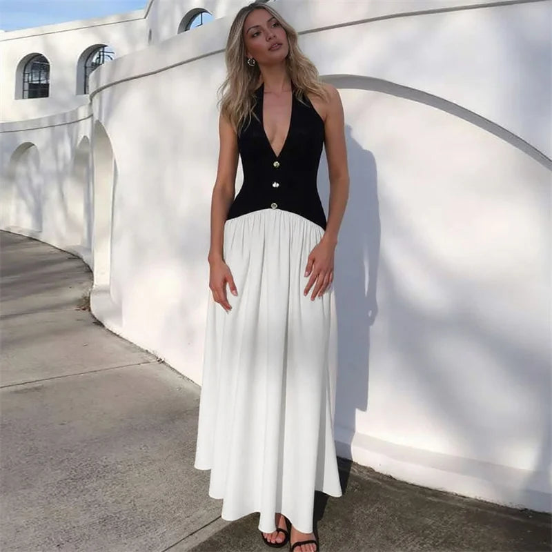 Mozision Halter V Neck Backless Sexy Maxi Dress Women Fashion Patchwork Button Sleeveless High Waist Ruched Club Party Dress