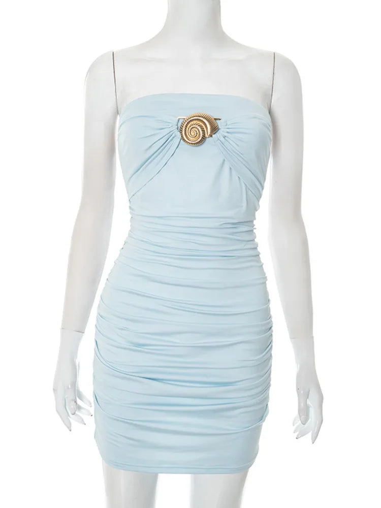 Mozision Metal Buckle Off-shoulder Sexy Mini Dress Women Robe Fashion Strapless Sleeveless Backless Bodycon Ruched Club Dress