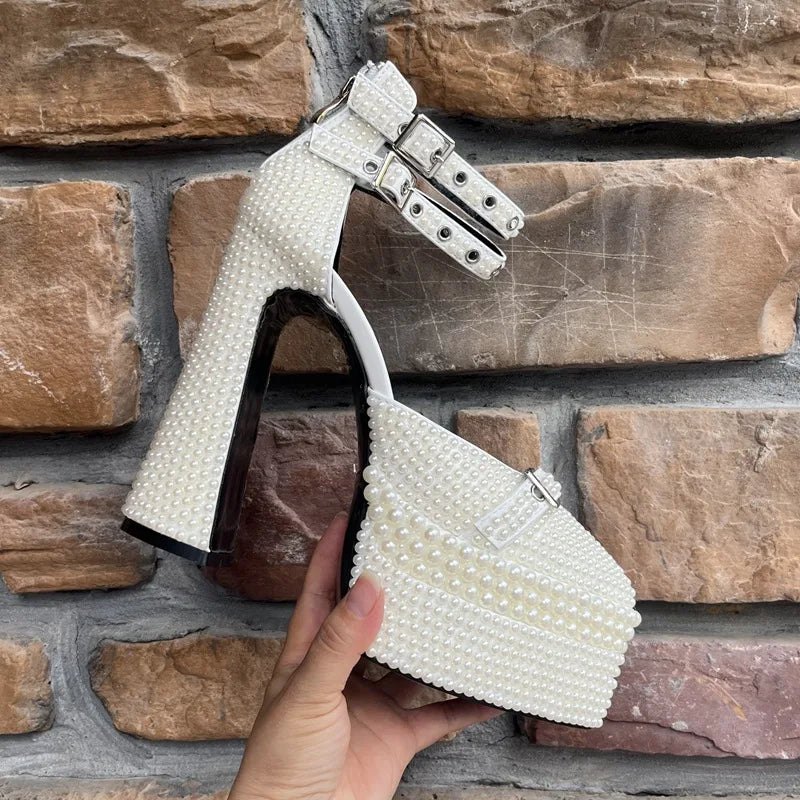 2024 Handmade Beaded 14cm Thick Heel Pointed Sandals 35-41 High Heel Waterproof Platform Woman Shoes Wedding Dress Luxury Pearl
