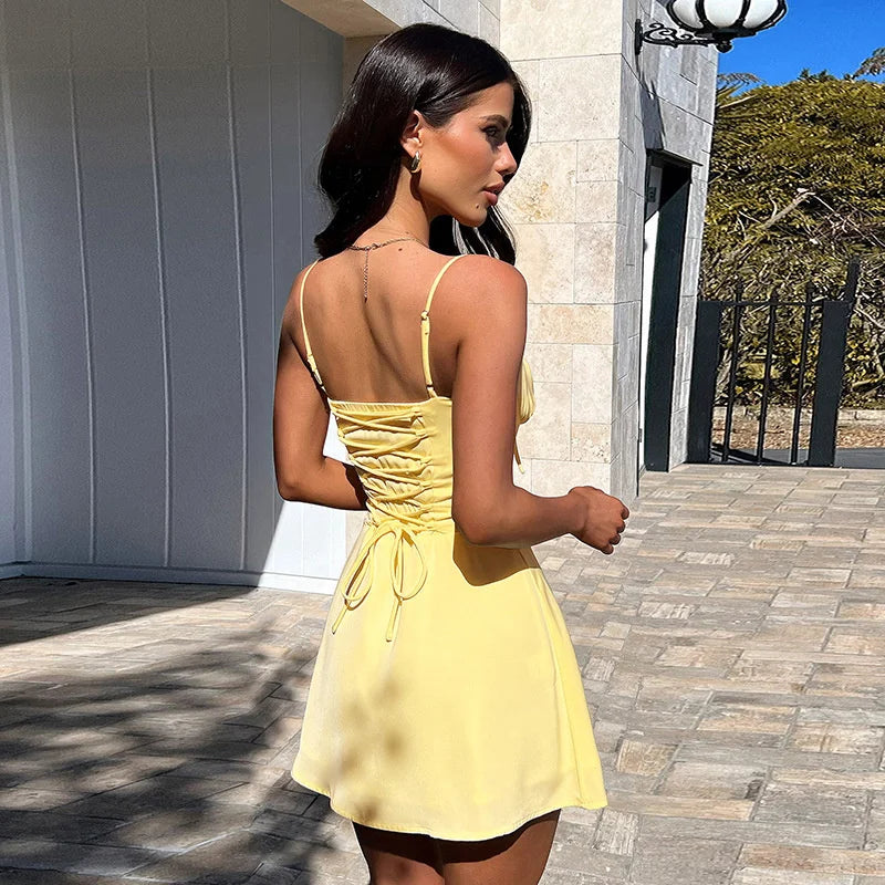 Mozision Spaghetti Strap Lace-up Sexy Mini Dress Women Elegant Off-shoulder Sleeveless Backless High Waist A-line Club Dress