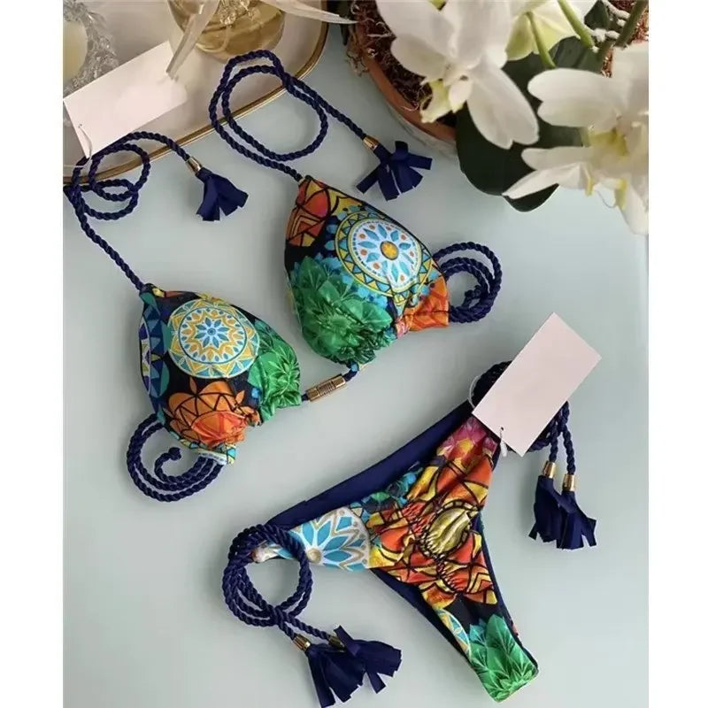 2024 Swimsuit Women's Bikini Print Rope Print Swimsuit