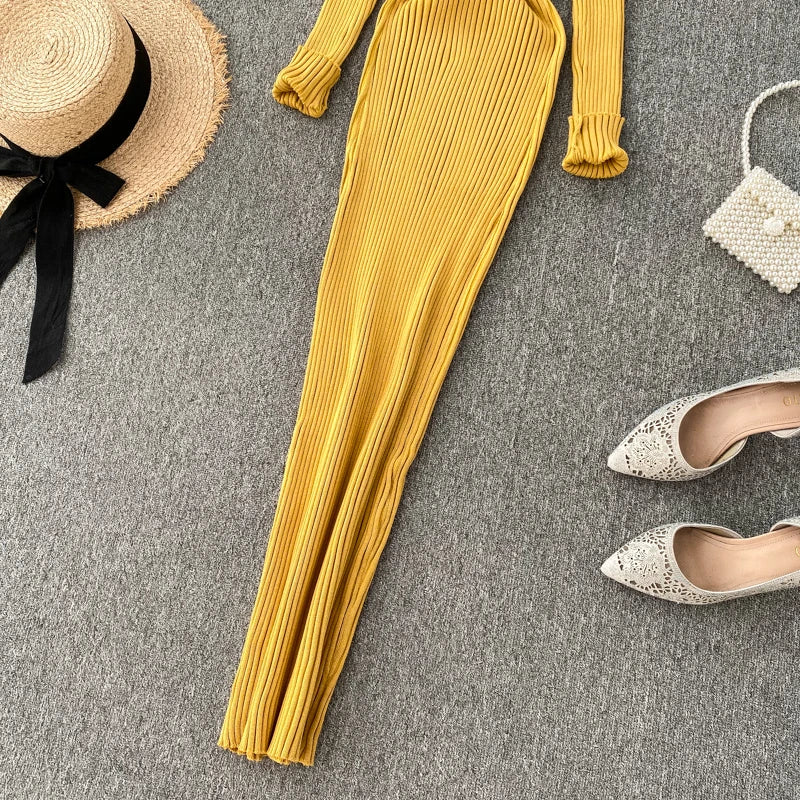 Women's Knitted Midi Dr Pure Color Long Sve Slim Fit High Waist V-Ne Korean Sle Faionable Autumn Winter Dr