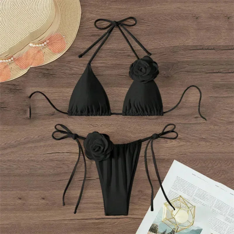 Sexy 3D Flower Black Triangle Bikinis Sets Micro Thong Swimsuit Women String Halter Bathing Suit Bikini 2025 Mujer Biquinis Swim