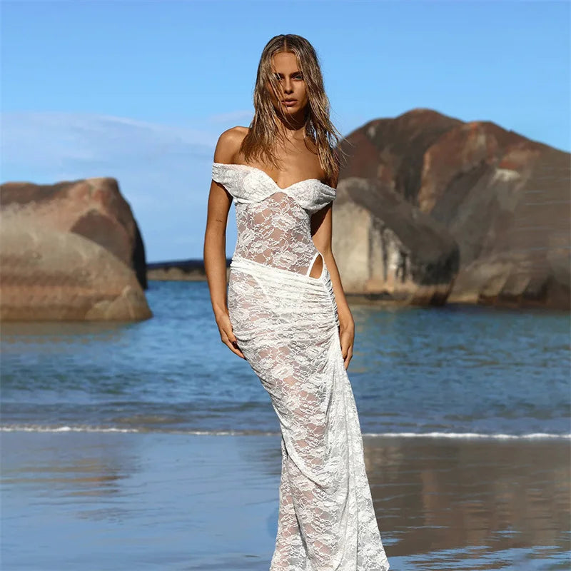 Mozision Lace See Through Sexy Two Piece Set Women Elegant Off-shoulder Backless Bodysuit And Maxi Skirt Matching Club Dress Set