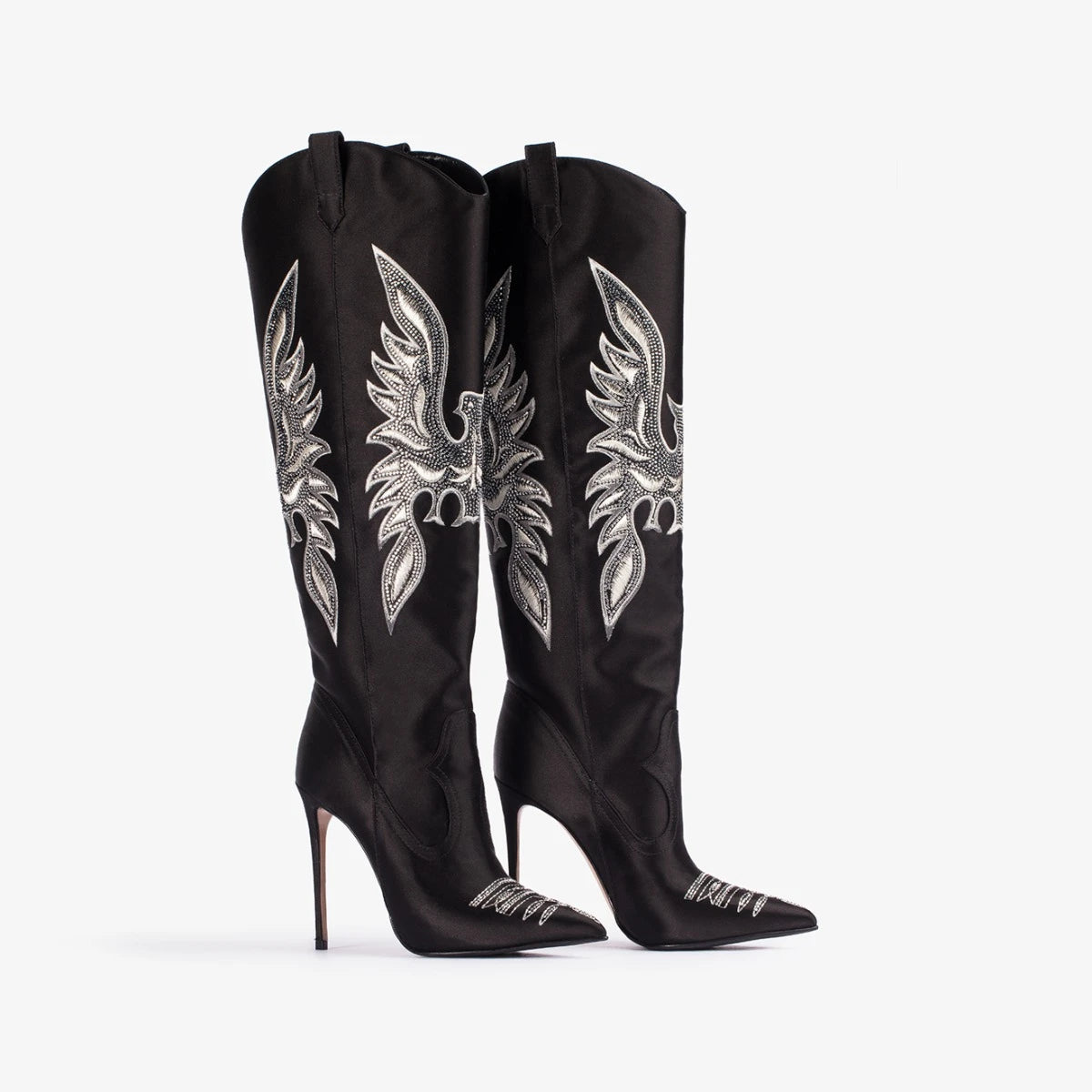Women's Denim Western Cowboy Boots Pointed Toe Stiletto Heel, Sexy Embroidery Knight Runway Fashion Ankle Booties