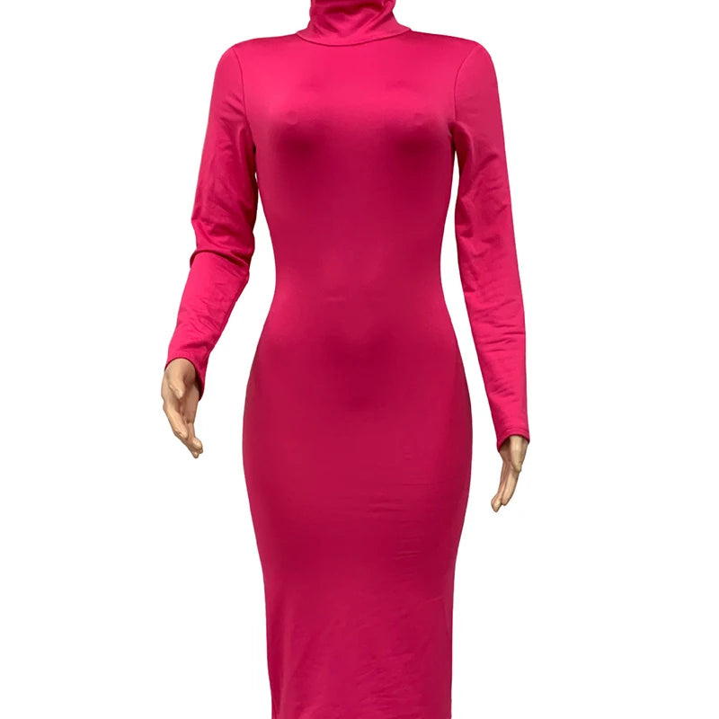 Winter Black Turtleneck Sexy Women Dress Autumn Long Sleeve Skinny Midi Boydcon Casual Blue Plush Knee-Length Party Club