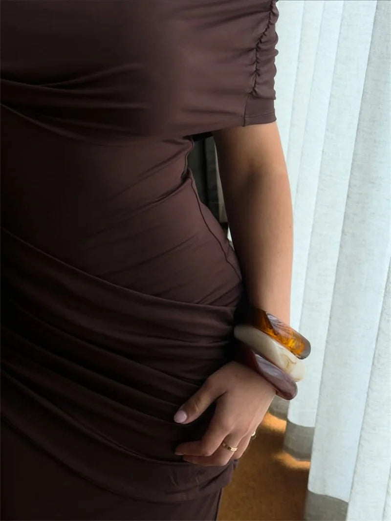 Mozision Half High Collar Ruched Sexy Mini Dress Women Gown Elegant Short Sleeve High Waist Draped Club Party Long Dresses