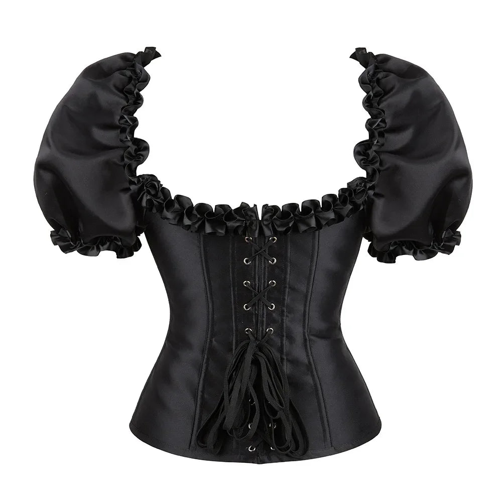 Women Overbust Corset Top Ruffle Puff Short Sleeve Bustier Lace up Corsetto Gothic Sexy Waist Cincher Korset Black