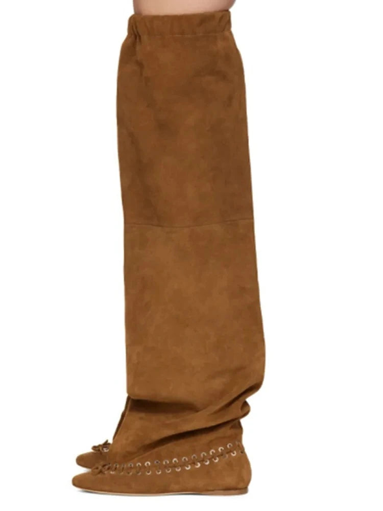 2025 Early Autumn New European and American Fashion Show Niche Fashion Slimming Wide Tube Height Increasing Pleated Pile Boots