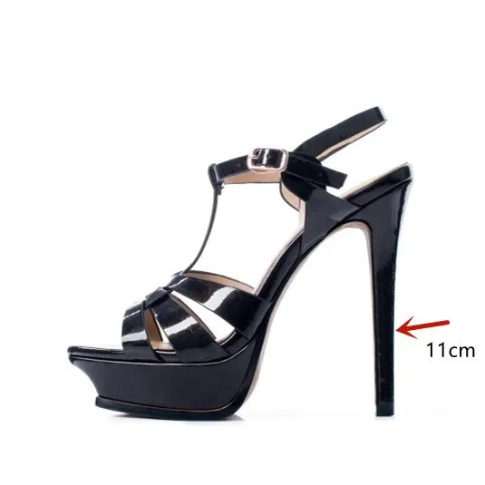 Women's Summer European and American Fashion Stiletto Waterproof Platform Leather Open Toe Round Head Buckle Sandals