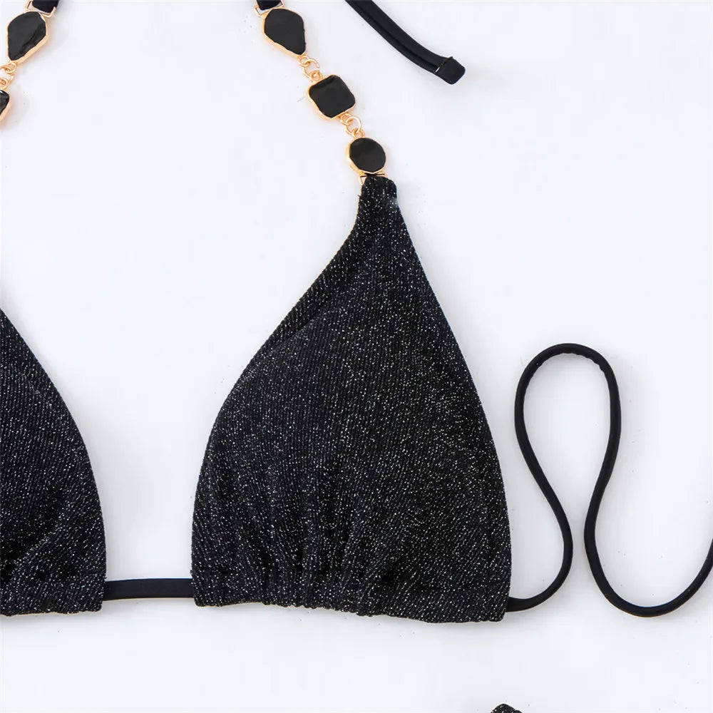 Sexy Black Shiny Swimwear with Sarong String Halter Triangle Bikinis Set 3 Piece Rhinestone Swimsuit Women 2025 Bather Beachwear