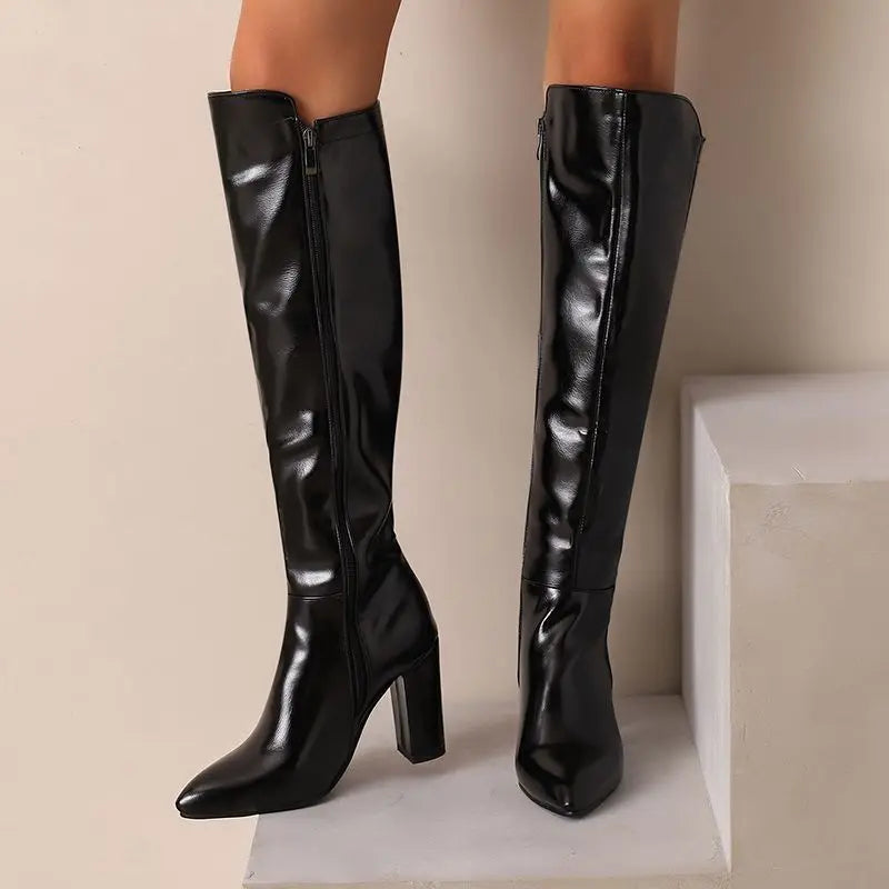 REAVE CAT Sexy Female Knee High Boots Pointed Toe Chunky Heels 8.5cm Big Size 46 47 48 Fashion Party Women Booties