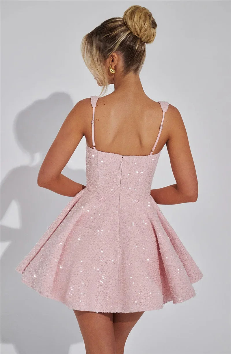 Mozision Sequins Bow Backless Sexy Mini Dress For Women Robe Fashion Square Collar Sleeveless High Waist A-line Club Dress