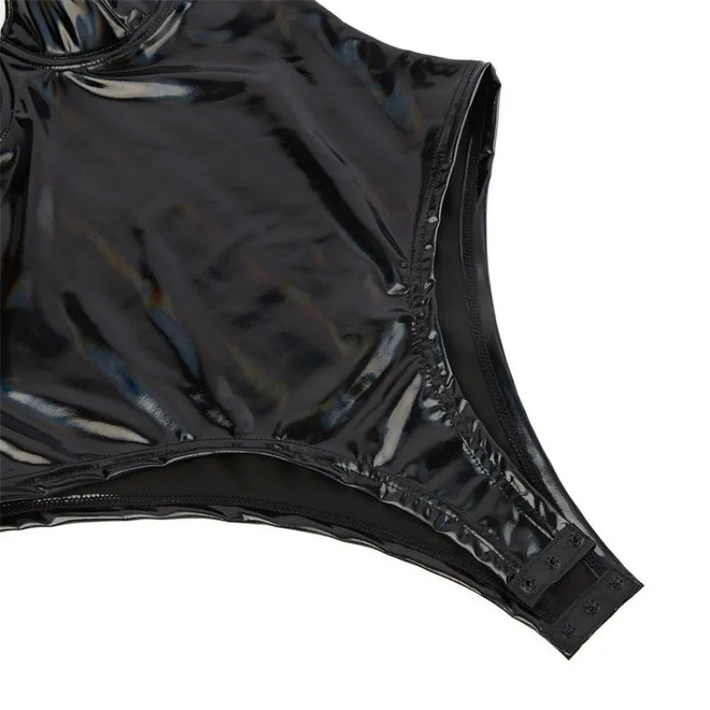 Glossy Pu Shapewear Womens Lingerie Wetlook Sexy Leather Bodysuit No Pad Bra Corset Top for Raves Pole Parties Clubwear Costumes