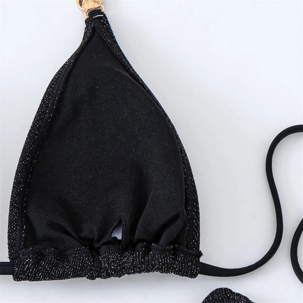 Sexy Black Shiny Swimwear with Sarong String Halter Triangle Bikinis Set 3 Piece Rhinestone Swimsuit Women 2025 Bather Beachwear