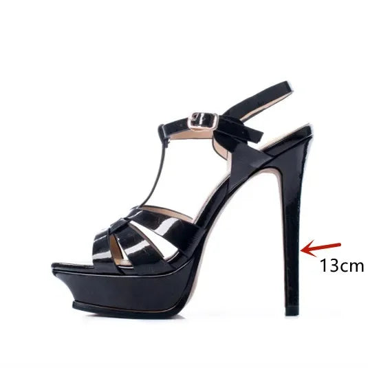Women's Summer European and American Fashion Stiletto Waterproof Platform Leather Open Toe Round Head Buckle Sandals