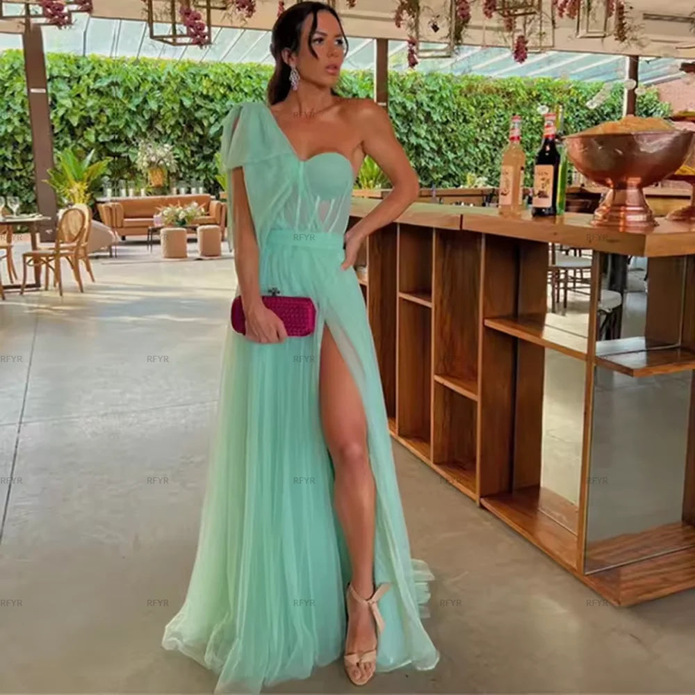 RFYR Yellow One-Shoulder Prom Dress Sweetheart Long Pleat Boned Evening Dress High Split Elegant Formal Party Gown Customized