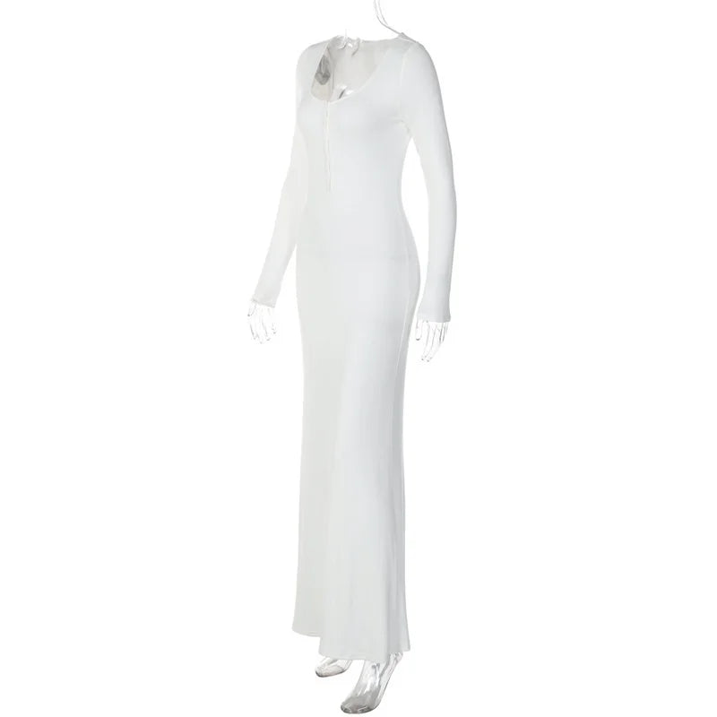 Mozision Square Collar Long Sleeve Sexy Maxi Dress For Women Autumn Winter White Single-breasted High Waist Bodycon Club Dresses