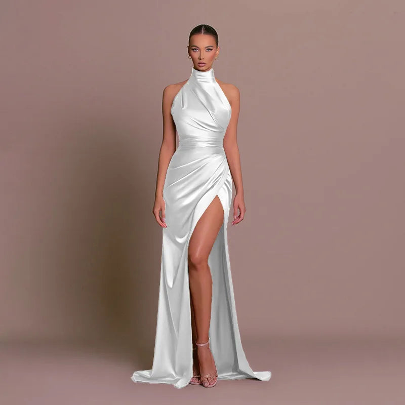 Womens Elegant Long Formal Evening Cocktail Party Dress Sexy High Split Ruched Bodycon Wedding Guest Bridemaid Maxi Dress