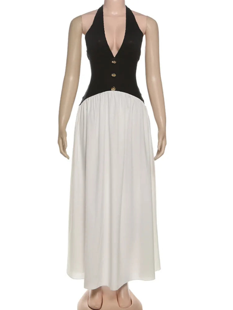 Mozision Halter V Neck Backless Sexy Maxi Dress Women Fashion Patchwork Button Sleeveless High Waist Ruched Club Party Dress