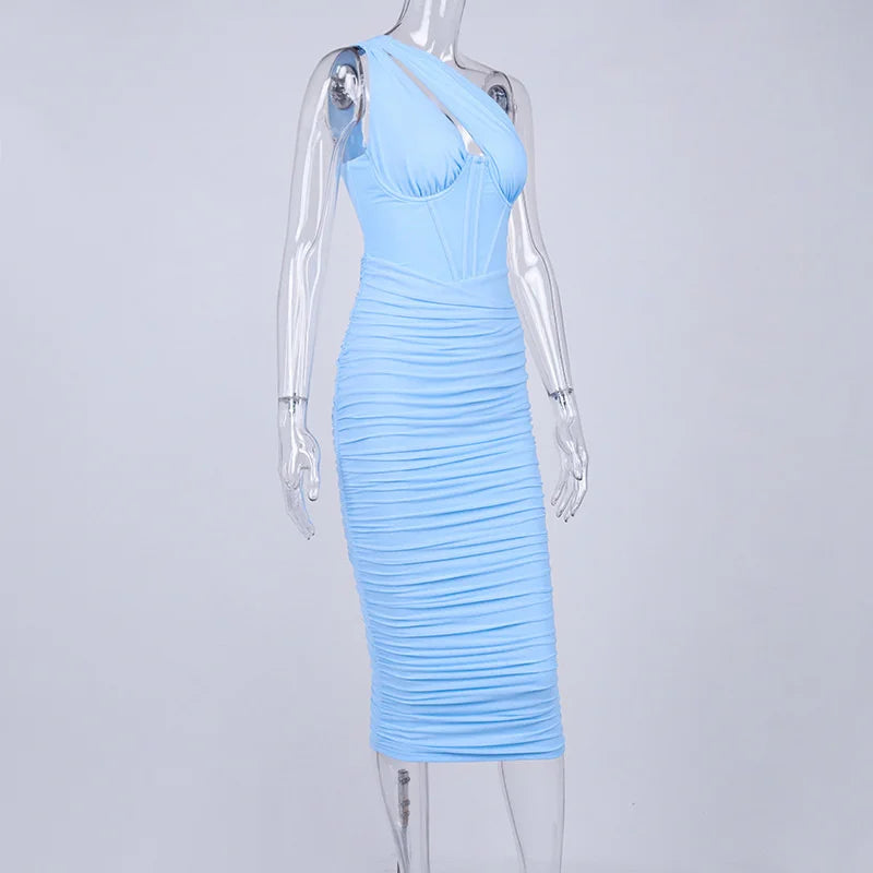 Mozision High Quality Mesh One Shoulder Backless Midi Dress For Women Fashion Hollow Out Sleeveless Ruched Long Dress Vestido