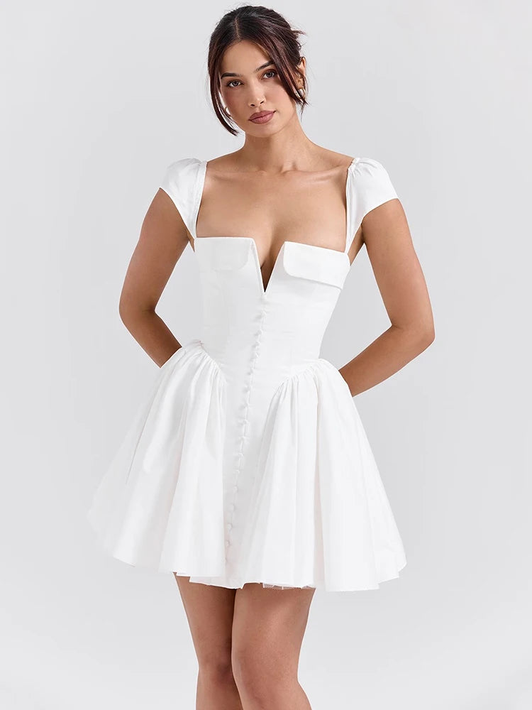 Mozision White Backless Sexy Mini Dress For Women Fashion Square Collar Short Sleeve High Waist A-line Club Party Sexy Dress Wofashion.xyz